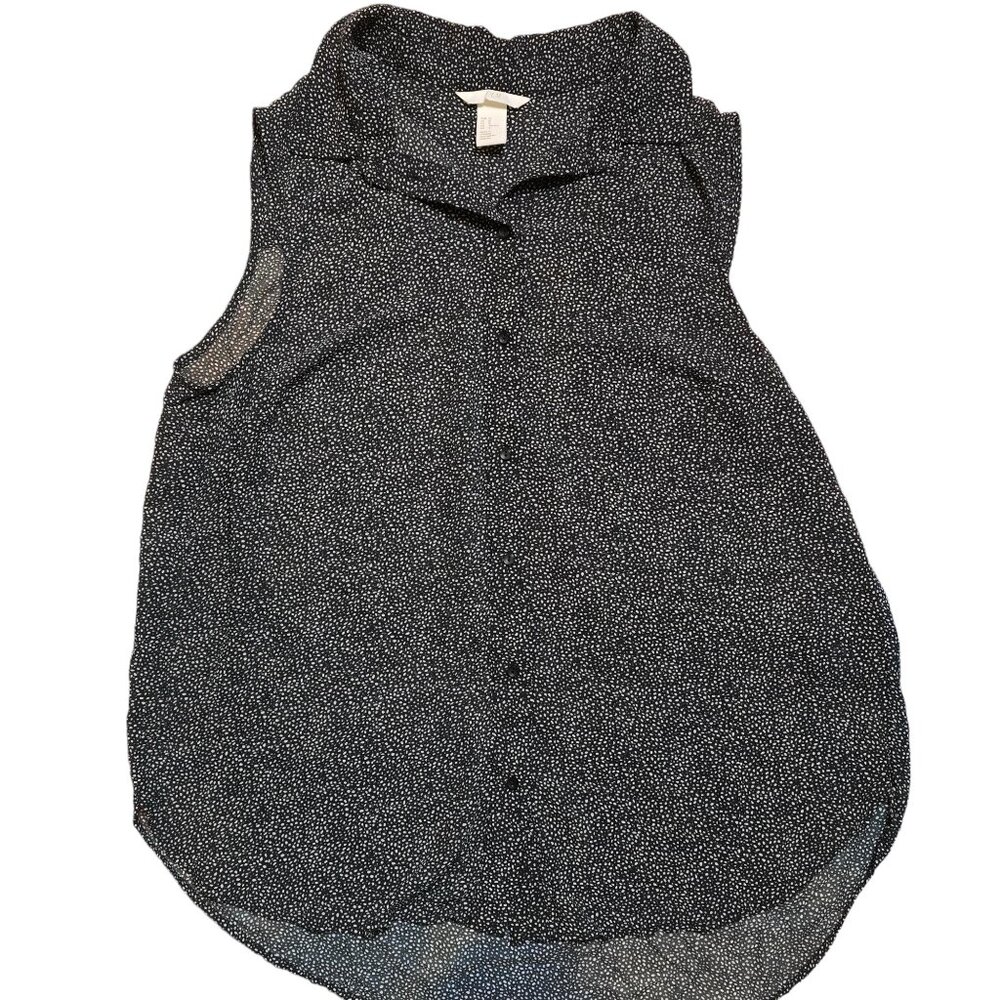 H&M  Sleeveless Button‎ Up Blouse Black with White Dot Pattern  Size 12 / L EUC
